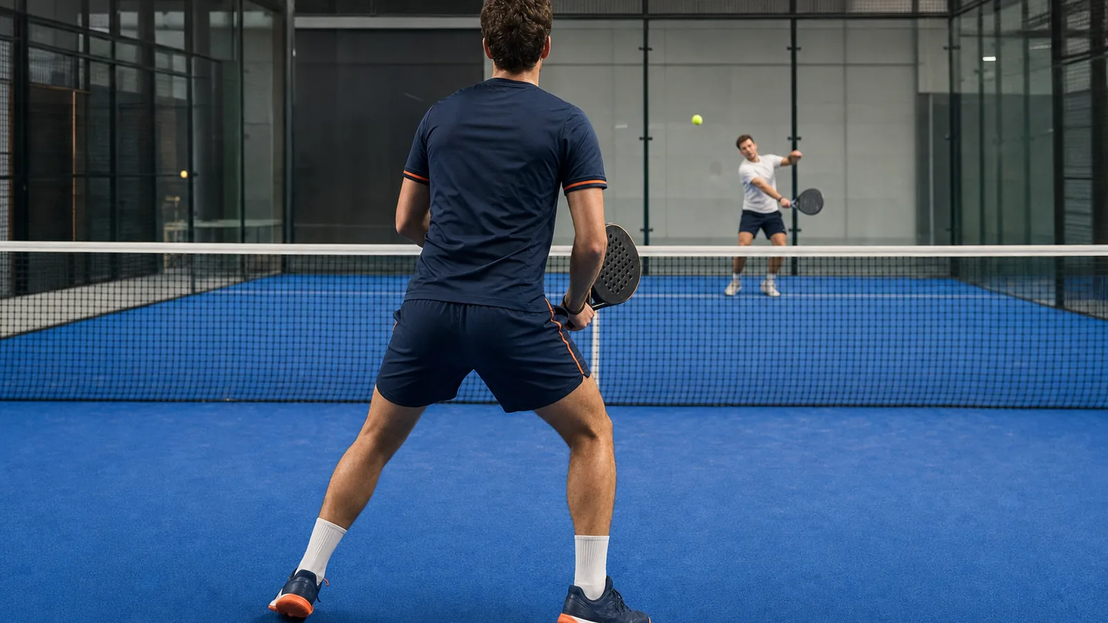 Padelspeler landt in een brede klaarstand terwijl de tegenstander de bal slaat