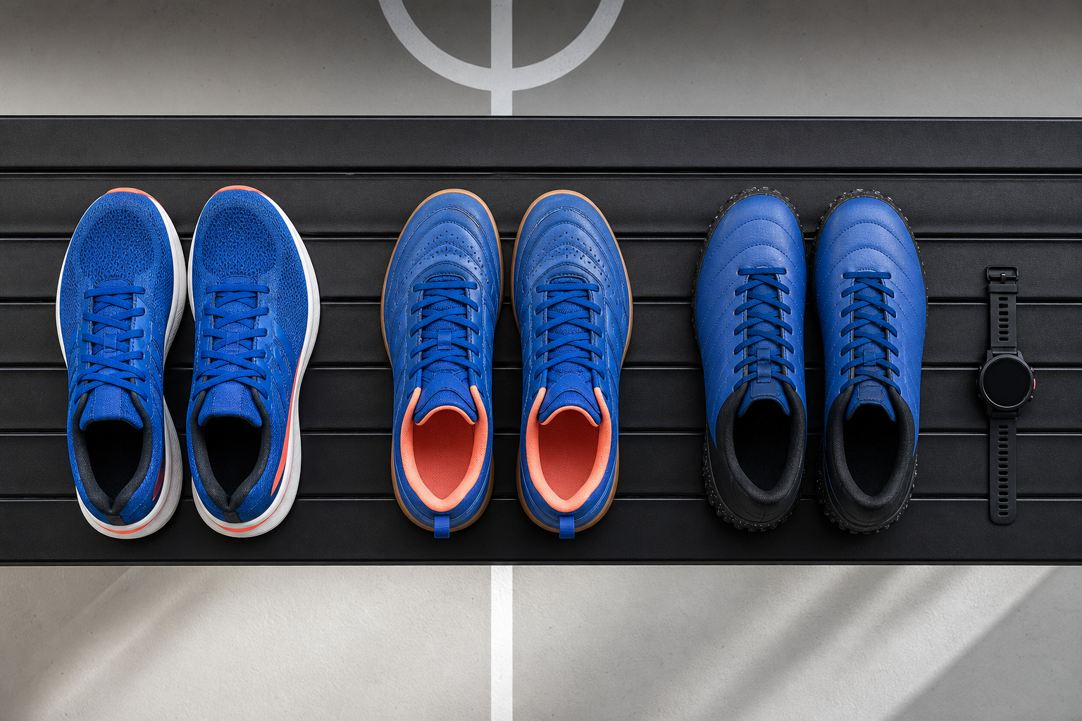 Drie paar sportschoenen en een sporthorloge liggen op een houten kleedkamerbank